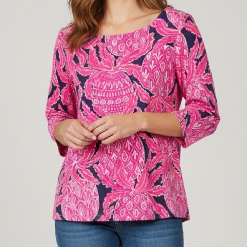 Women's Lilly Pulitzer Waverly Pineapple Coco Safari Pink Navy 3/4 Sleeve Blouse